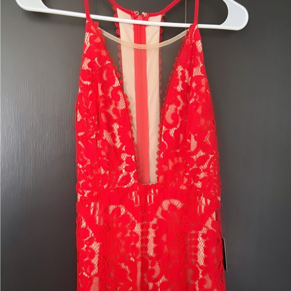 Red Lace Plunge V-Neck Women's Dress